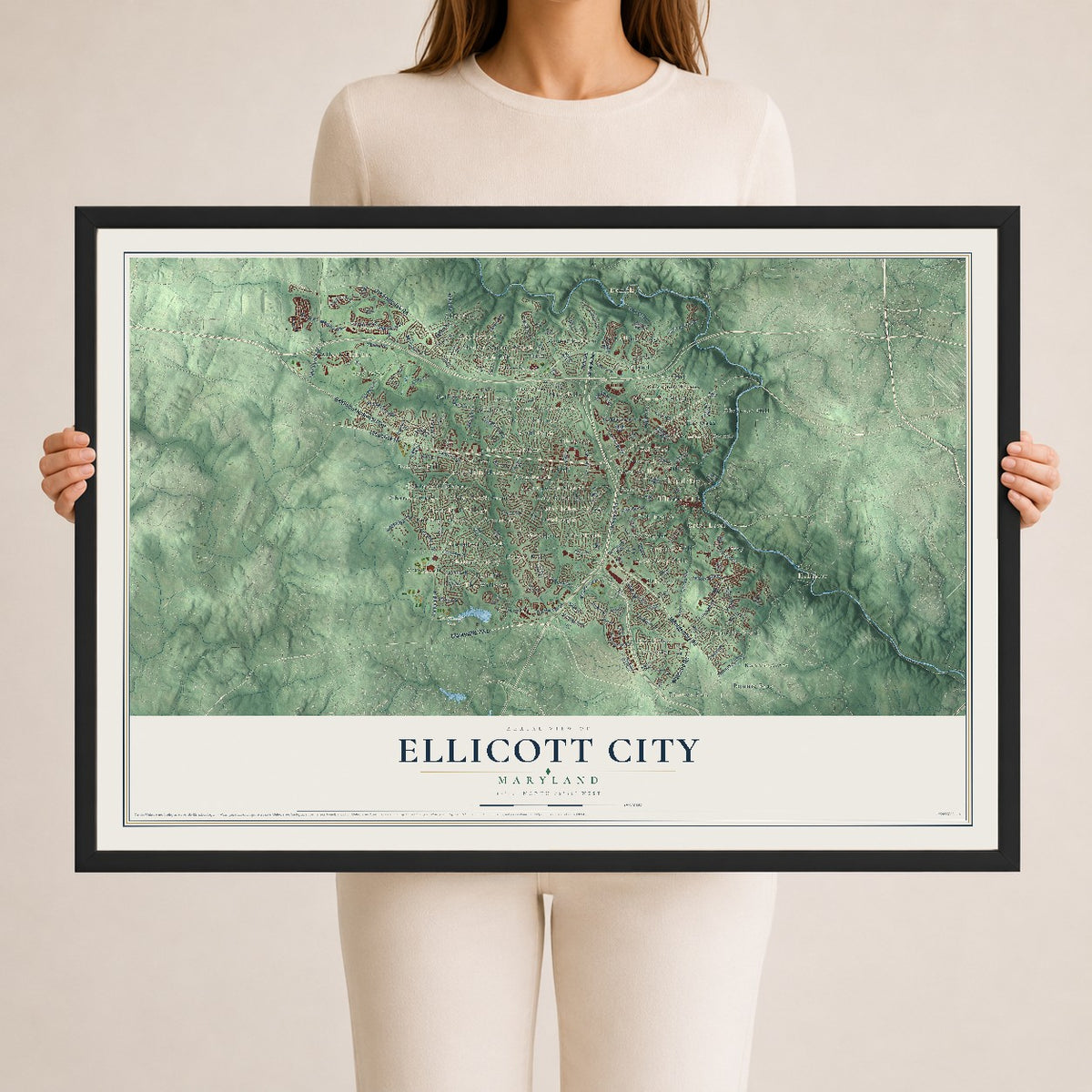 Map of Ellicott City, Maryland, 24 x 36 inch print in a black wood frame