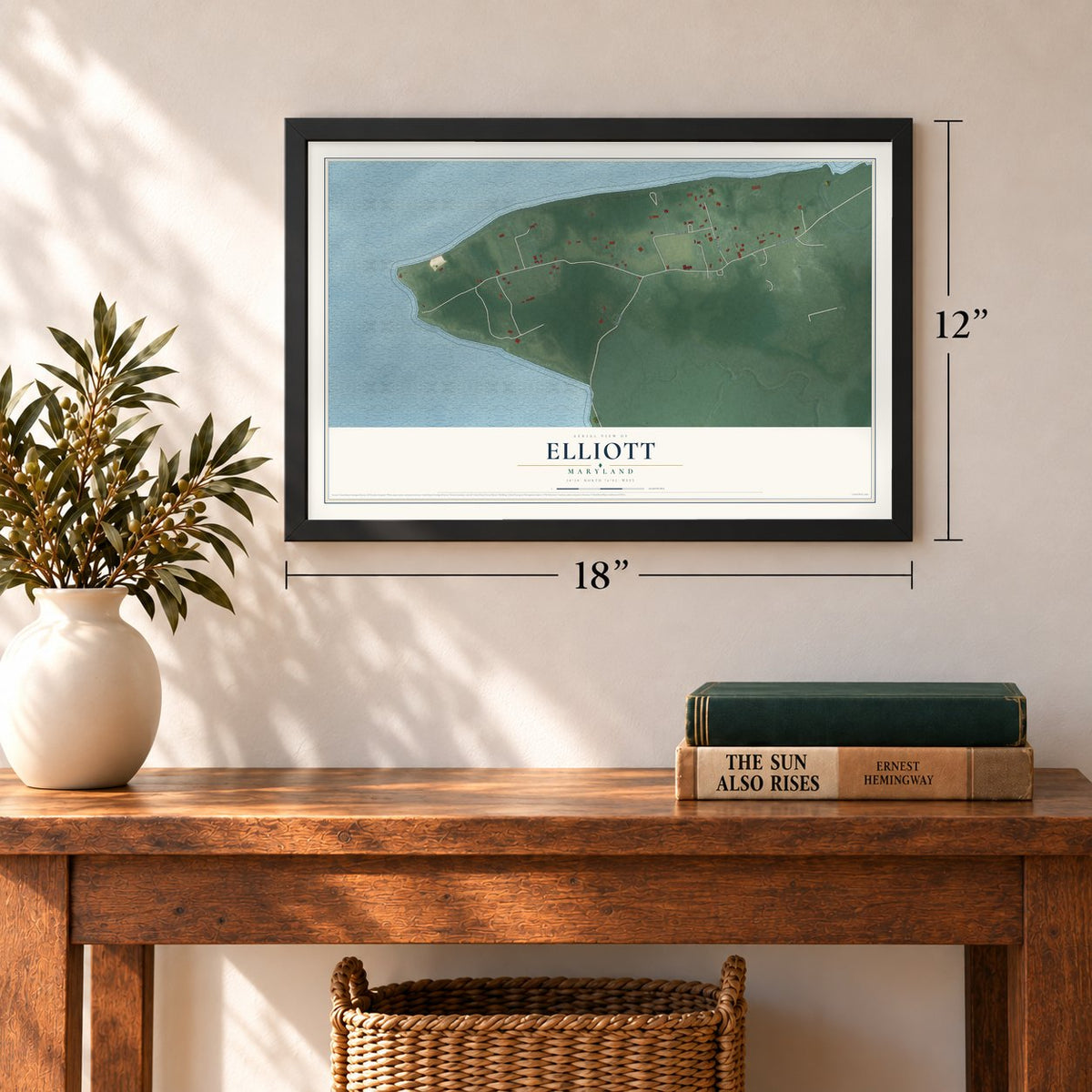Elliott, Maryland map, 12 x 18 inch print in a black frame in an entryway