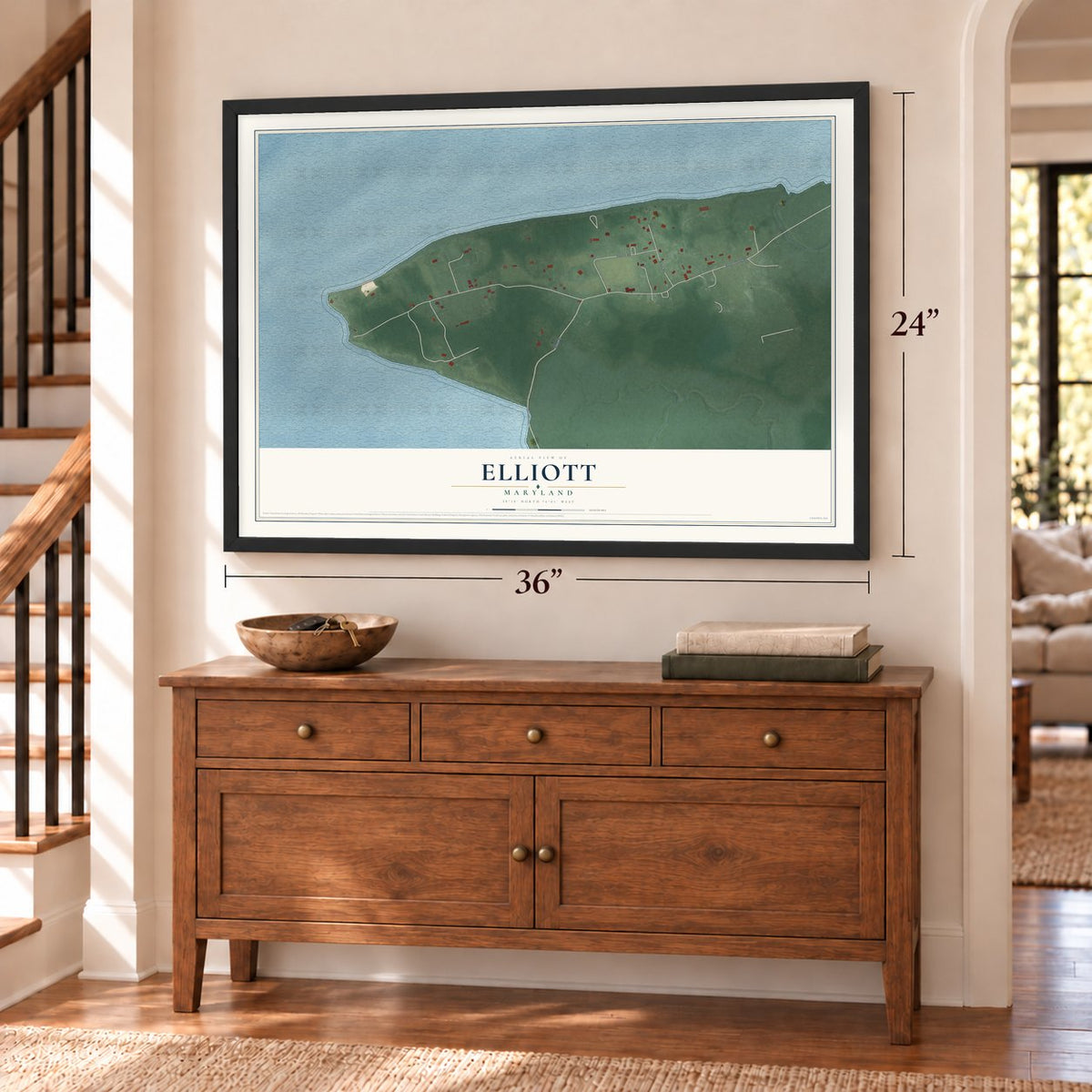 Elliott, Maryland map, 24 x 36 inch print in a black frame above a dresser by a staircase