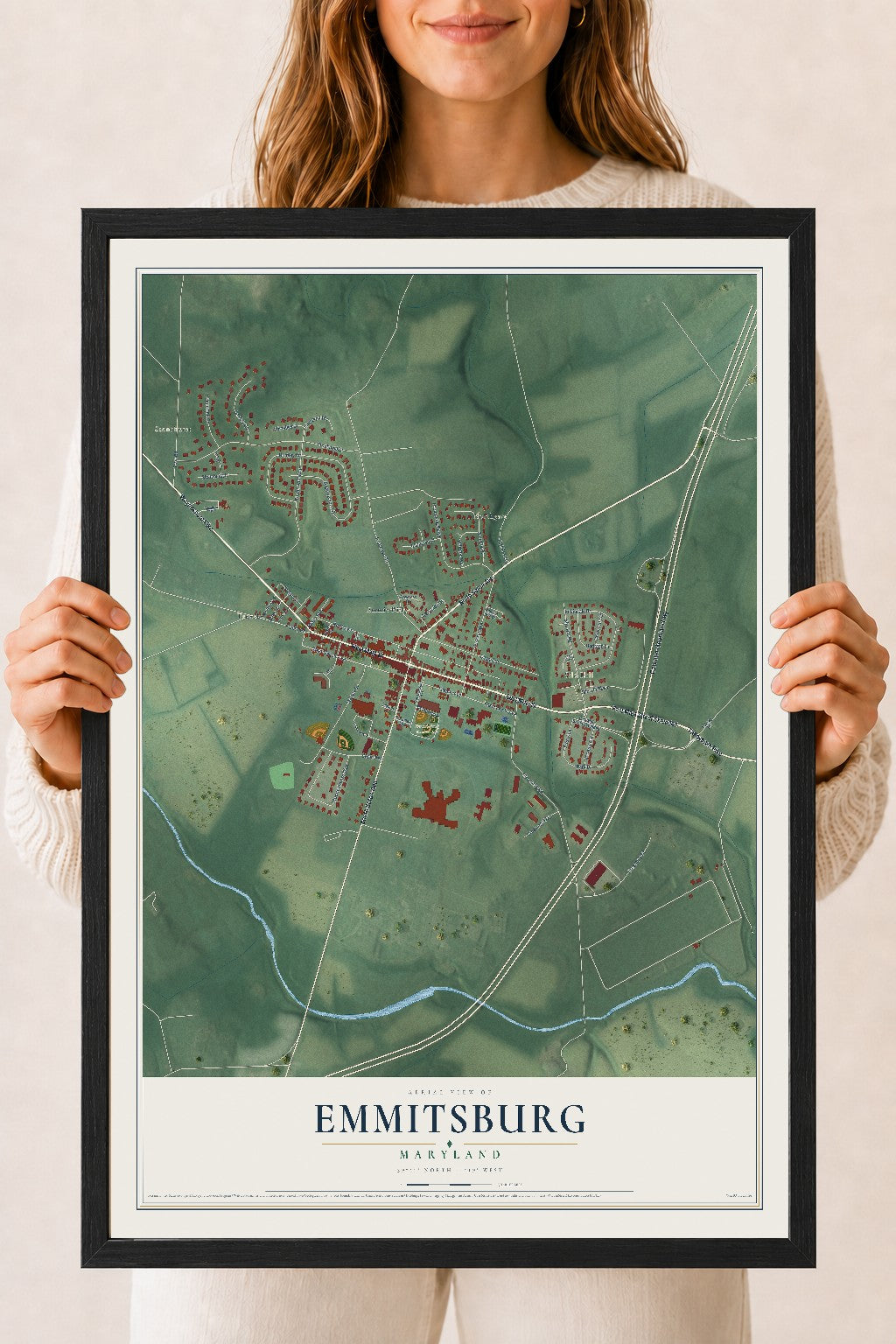 Map of Emmitsburg, Maryland, 18 x 24 inch print in a black wood frame