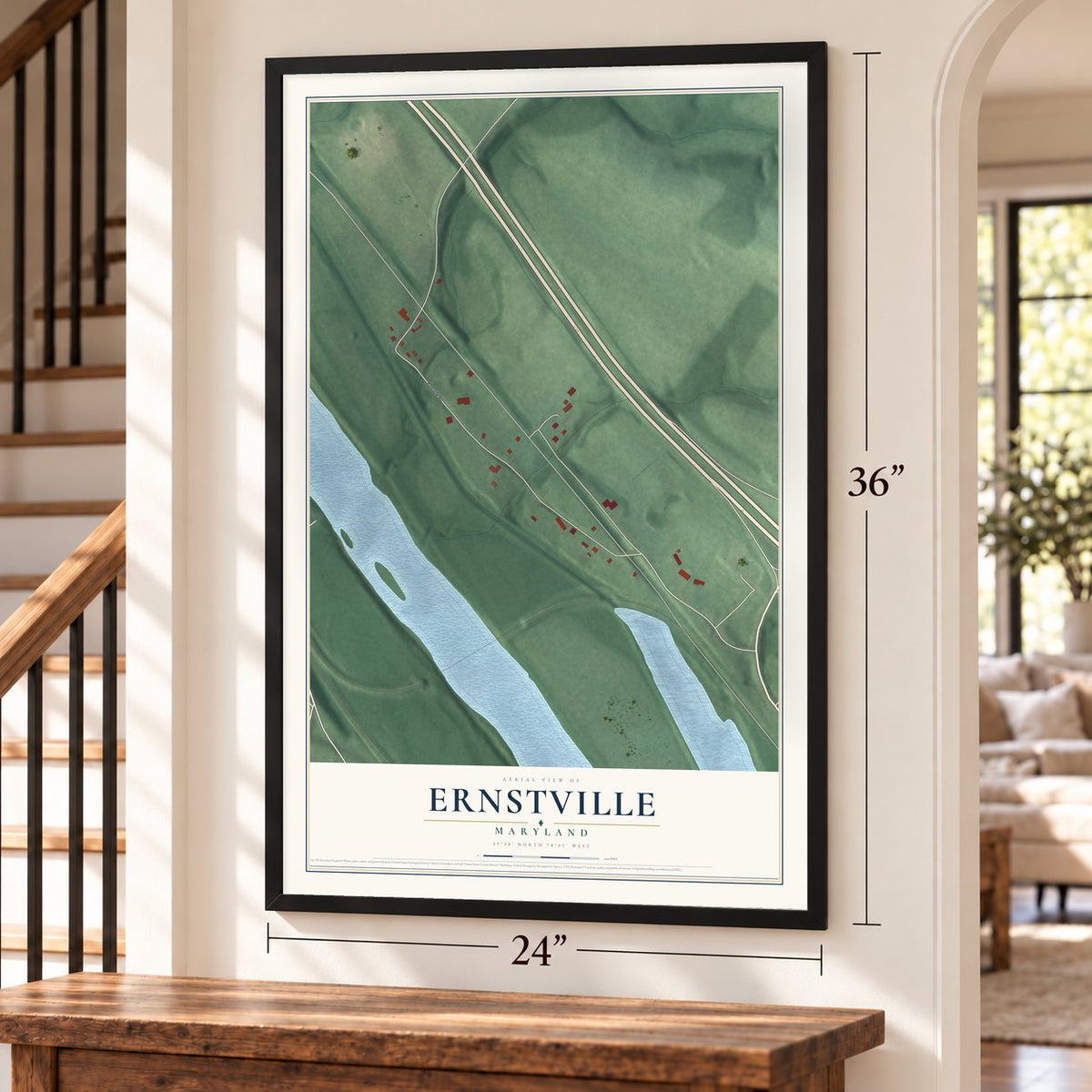 Ernstville, Maryland map, 24 x 36 inch print in a black frame by a staircase