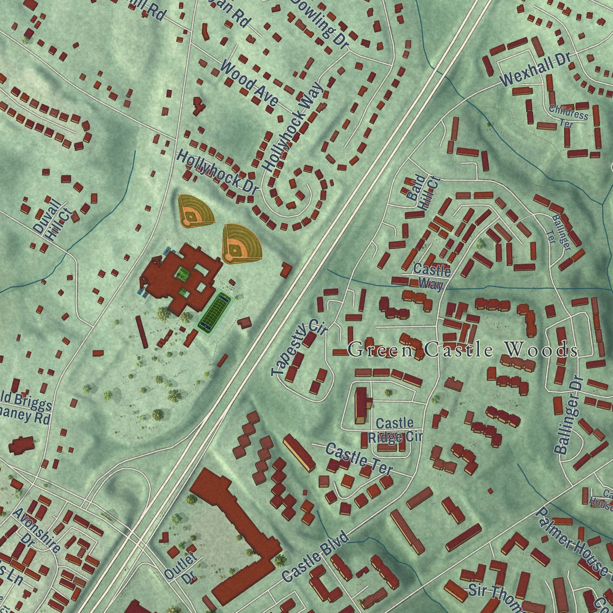 Second close-up of the map of Fairland, Maryland print showing more streets and buildings
