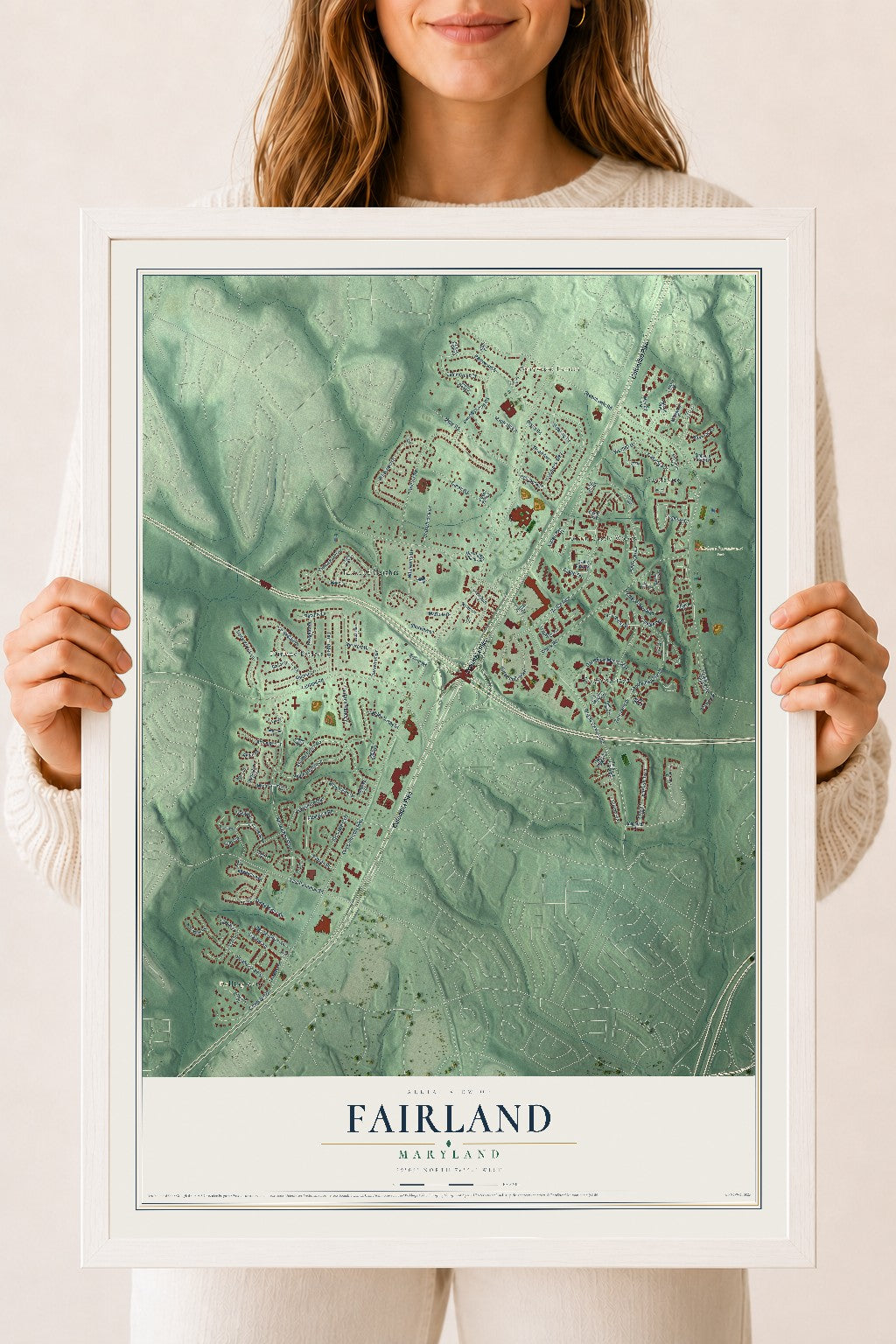 Map of Fairland, Maryland, 18 x 24 inch print in a white wood frame