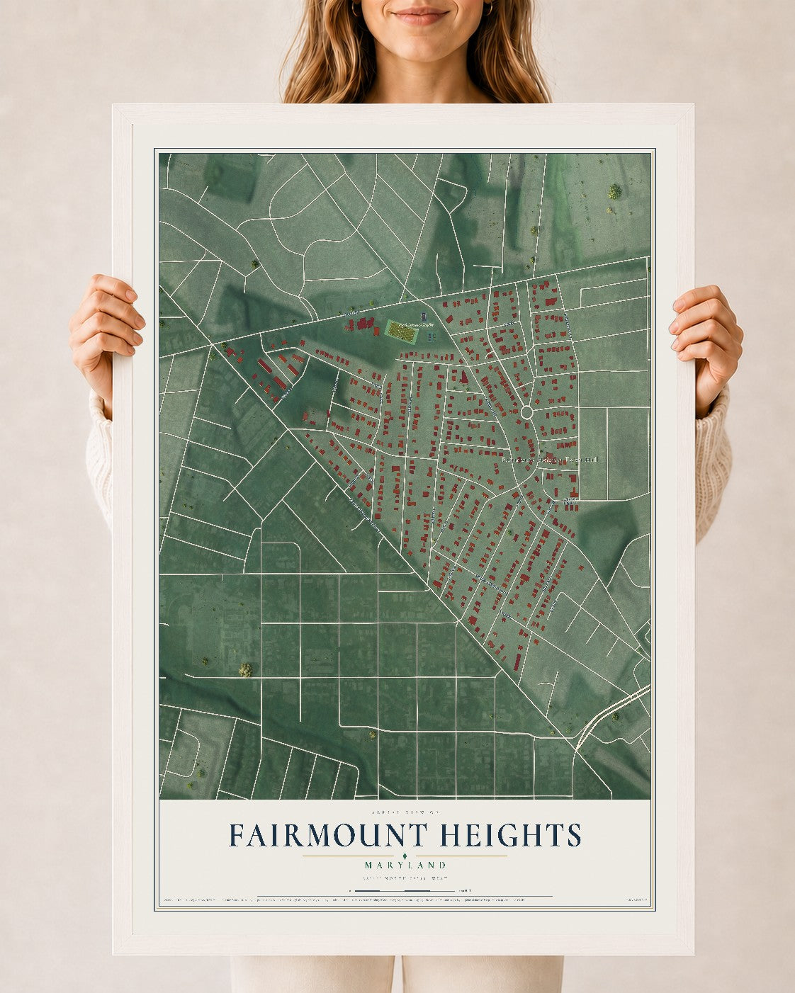 Map of Fairmount Heights, Maryland, 24 x 36 inch print in a white wood frame