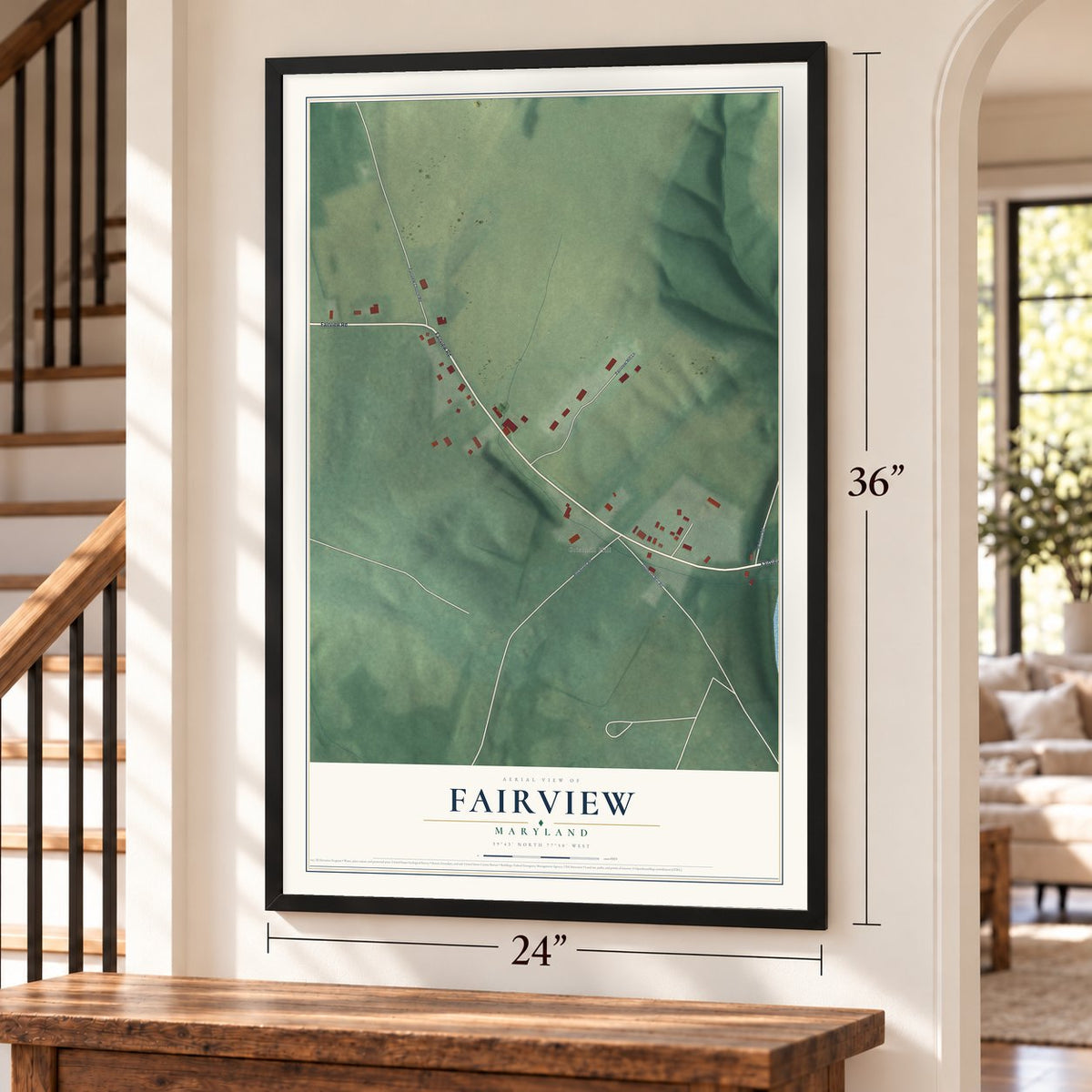 Fairview, Maryland map, 24 x 36 inch print in a black frame by a staircase