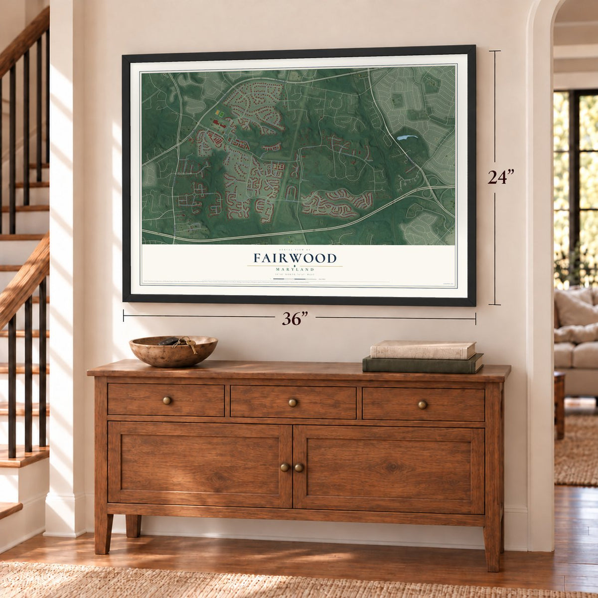 Fairwood, Maryland map, 24 x 36 inch print in a black frame above a dresser by a staircase