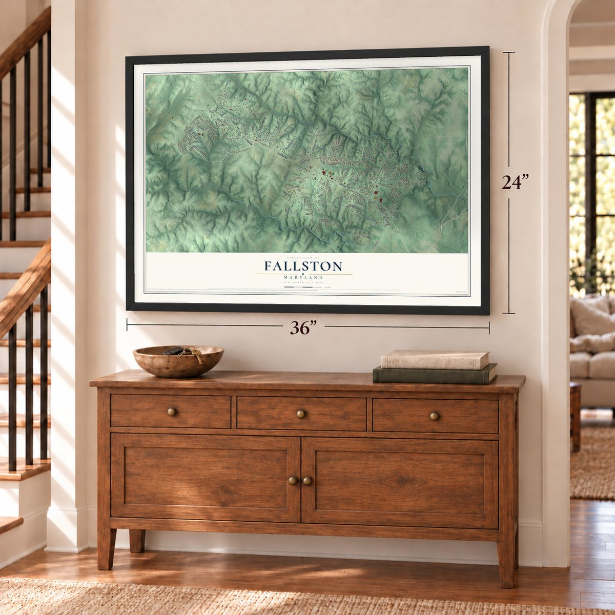 Fallston, Maryland map, 24 x 36 inch print in a black frame above a dresser by a staircase