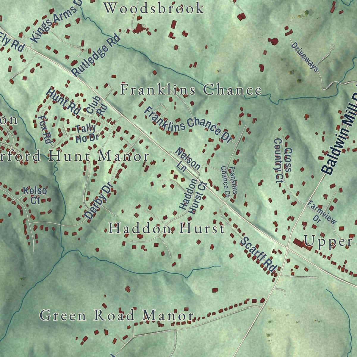 Close-up of the map of Fallston, Maryland print showing street and building detail