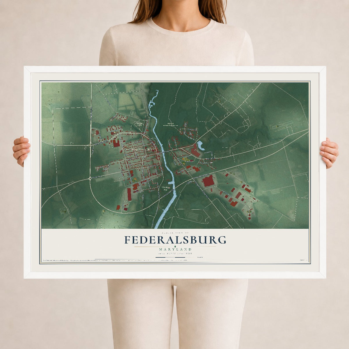 Map of Federalsburg, Maryland, 24 x 36 inch print in a white wood frame