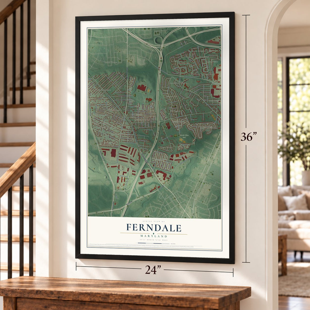 Ferndale, Maryland map, 24 x 36 inch print in a black frame by a staircase