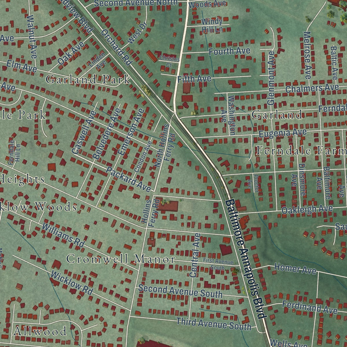 Close-up of the map of Ferndale, Maryland print showing street and building detail