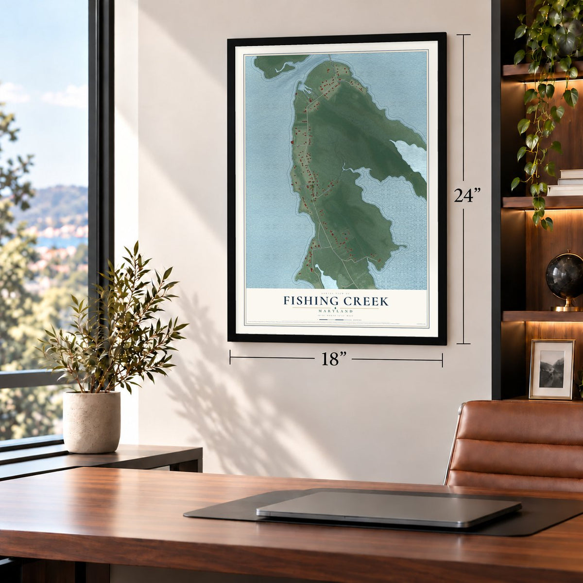 Fishing Creek, Maryland map, 18 x 24 inch print in a black frame in a home office
