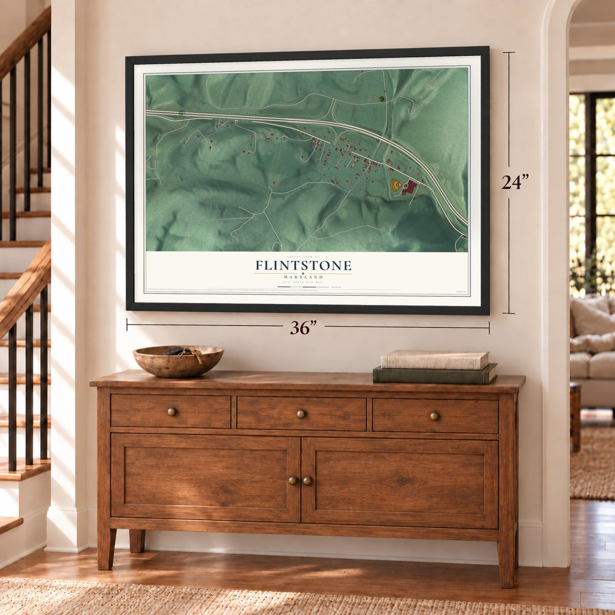 Flintstone, Maryland map, 24 x 36 inch print in a black frame above a dresser by a staircase