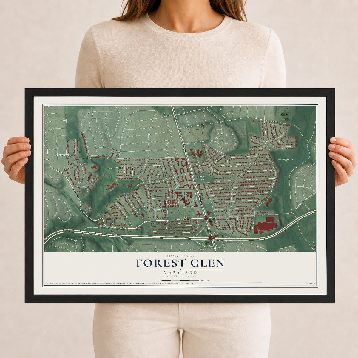 Map of Forest Glen, Maryland, 12 x 18 inch print in a black wood frame