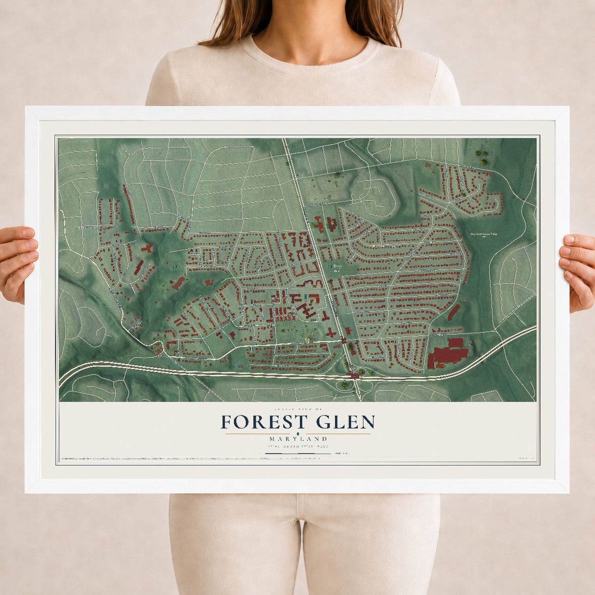 Map of Forest Glen, Maryland, 18 x 24 inch print in a white wood frame