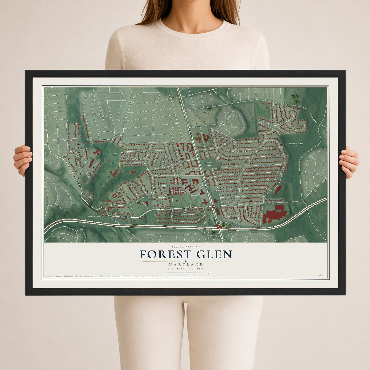 Map of Forest Glen, Maryland, 24 x 36 inch print in a black wood frame