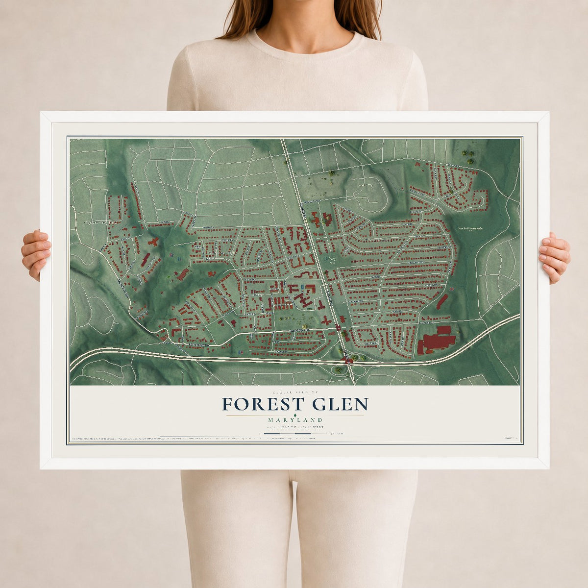 Map of Forest Glen, Maryland, 24 x 36 inch print in a white wood frame