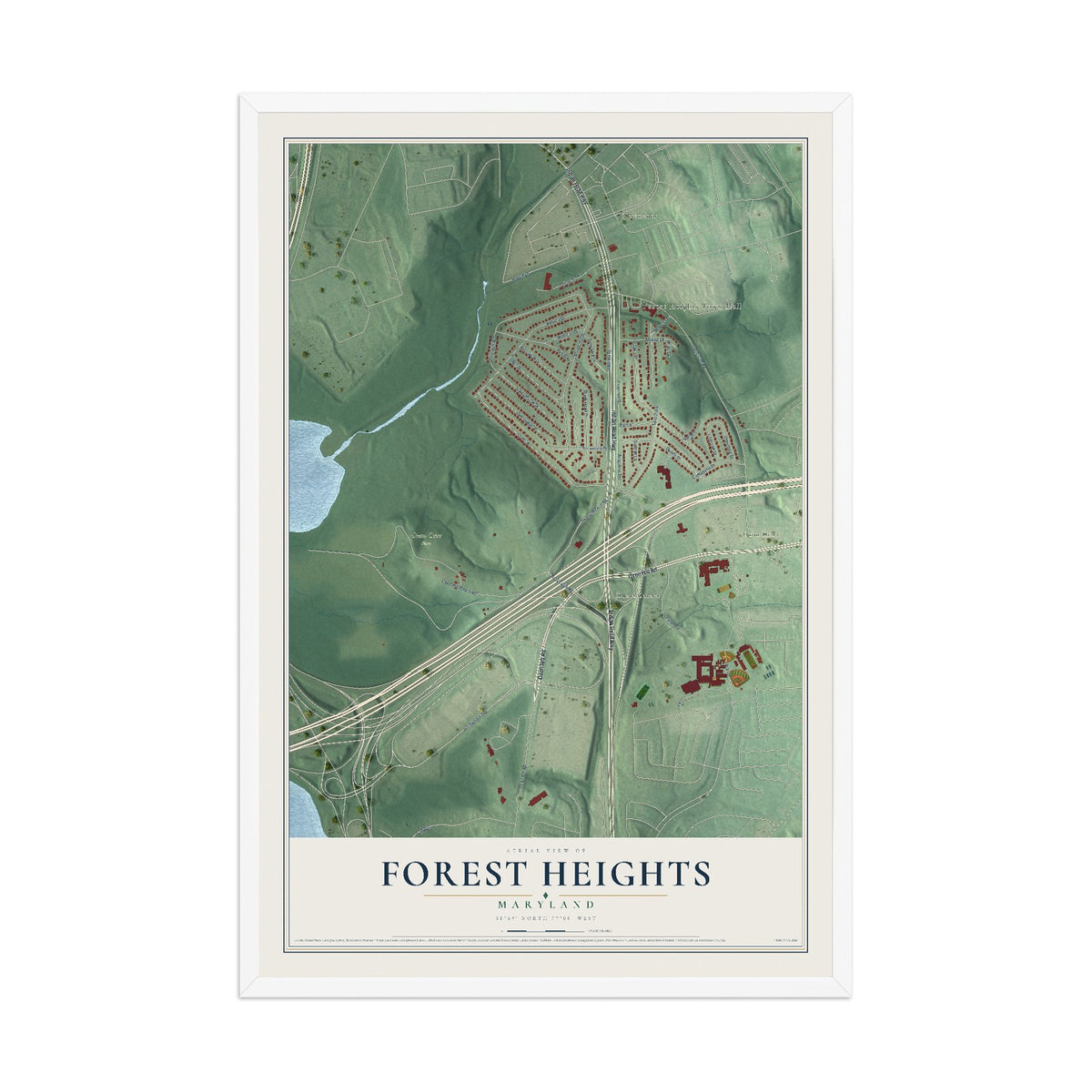 Map of Forest Heights, Maryland, 12 x 18 inch print in a white wood frame