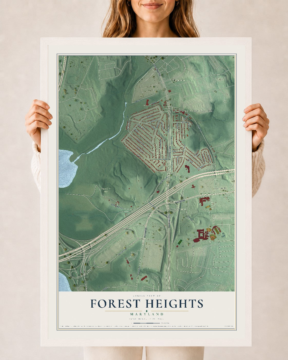 Map of Forest Heights, Maryland, 24 x 36 inch print in a white wood frame