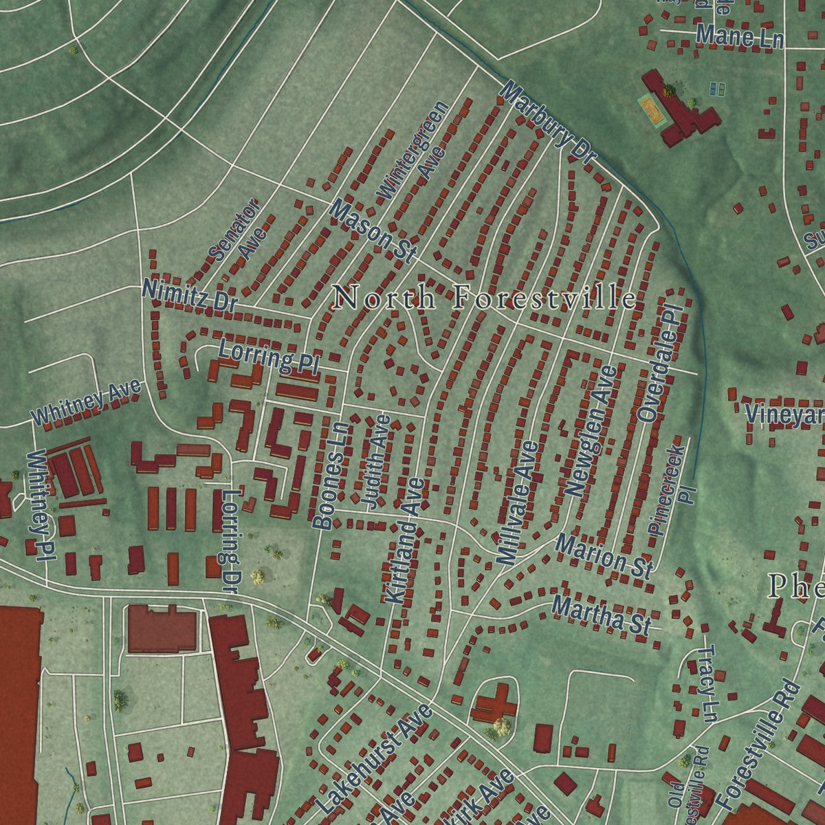 Close-up of the map of Forestville, Maryland print showing street and building detail