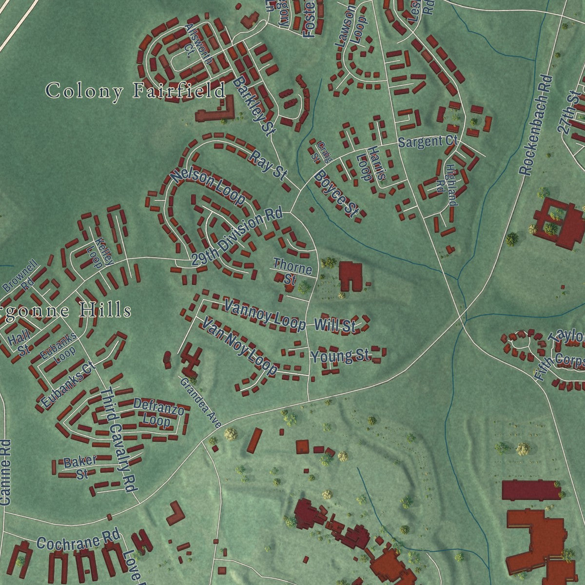 Close-up of the map of Fort Meade, Maryland print showing street and building detail