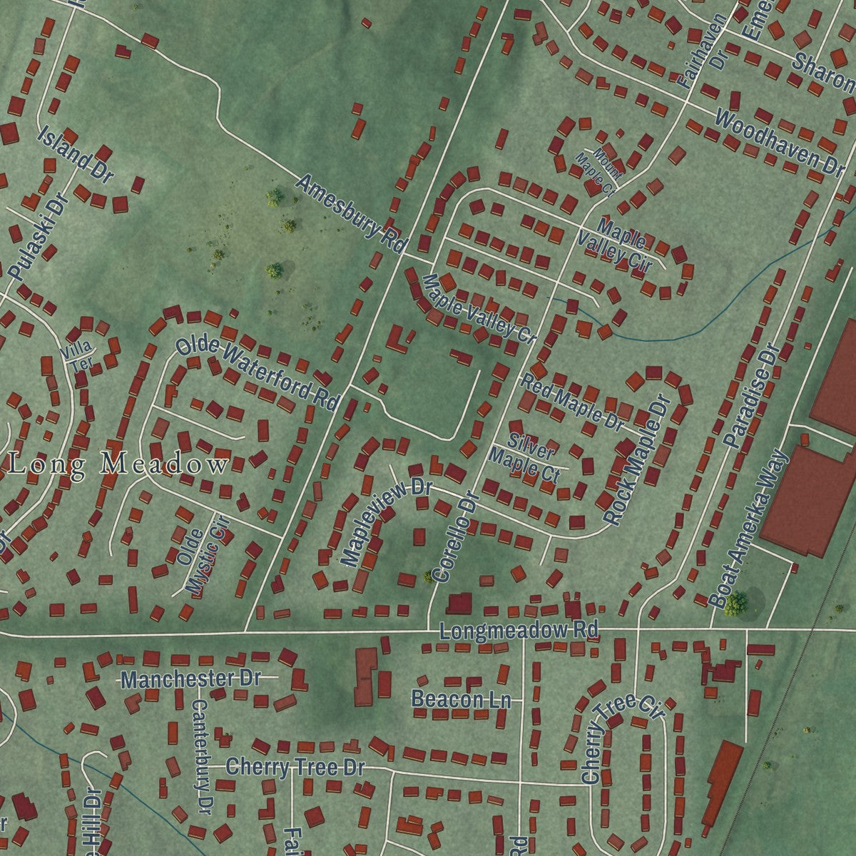Close-up of the map of Fountainhead-Orchard Hills, Maryland print showing street and building detail