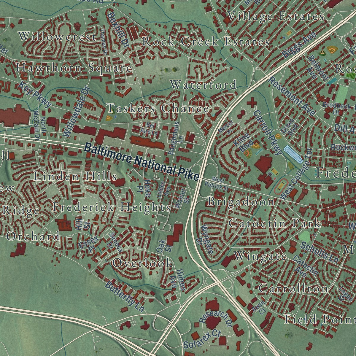 Close-up of the map of Frederick, Maryland print showing street and building detail