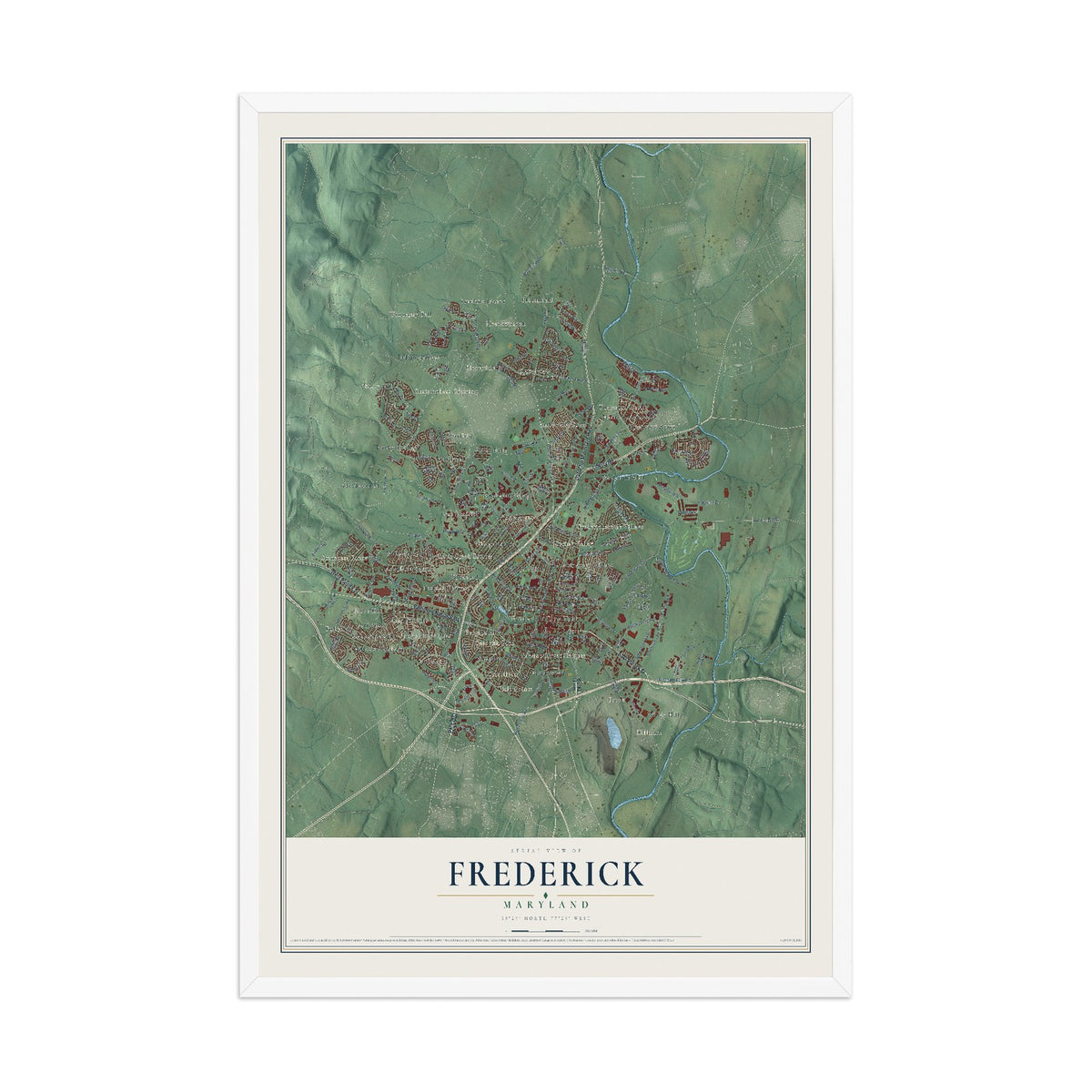 Map of Frederick, Maryland, 12 x 18 inch print in a white wood frame