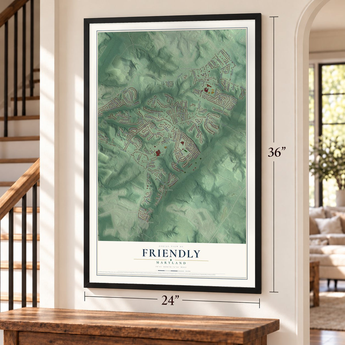 Friendly, Maryland map, 24 x 36 inch print in a black frame by a staircase