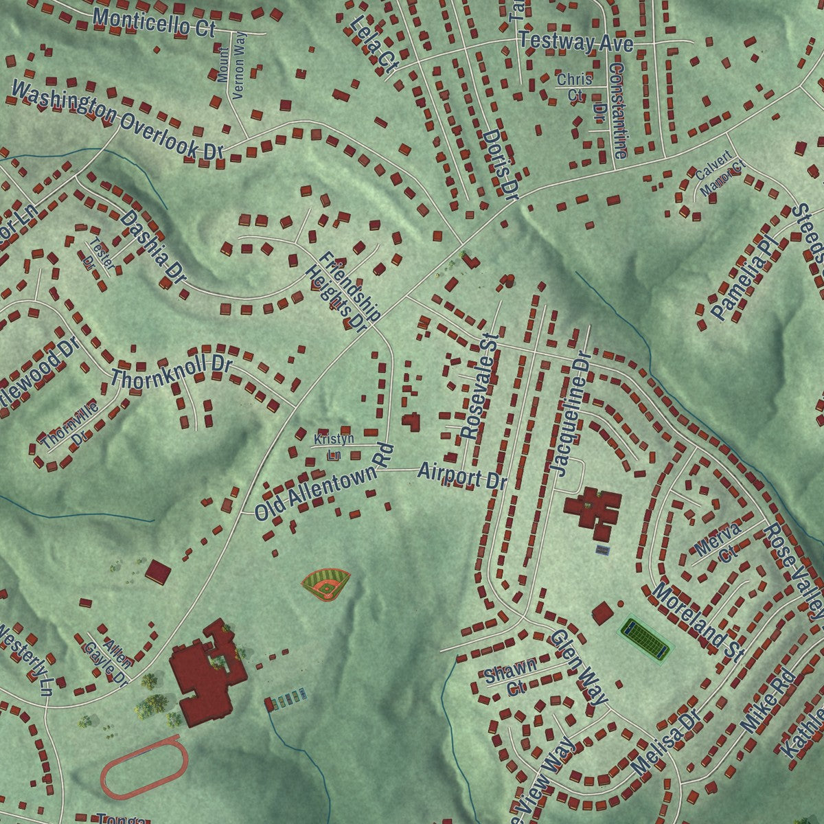 Close-up of the map of Friendly, Maryland print showing street and building detail