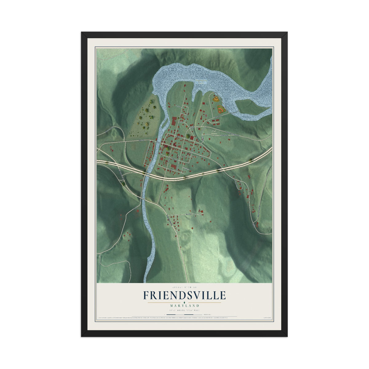 Map of Friendsville, Maryland, 12 x 18 inch print in a black wood frame