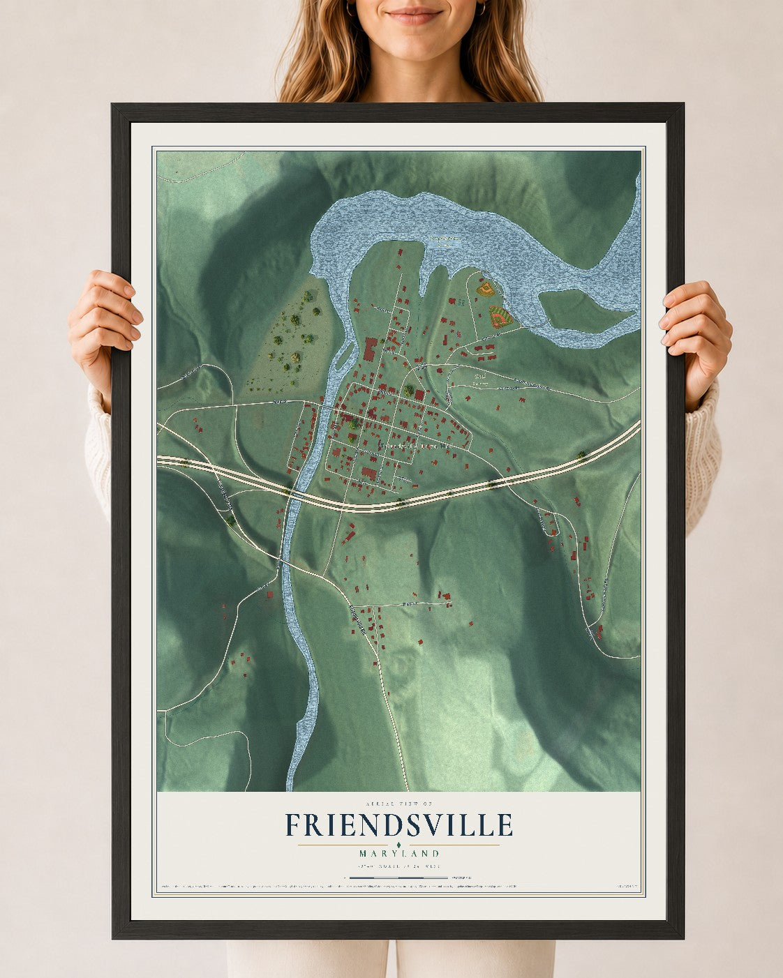 Map of Friendsville, Maryland, 24 x 36 inch print in a black wood frame