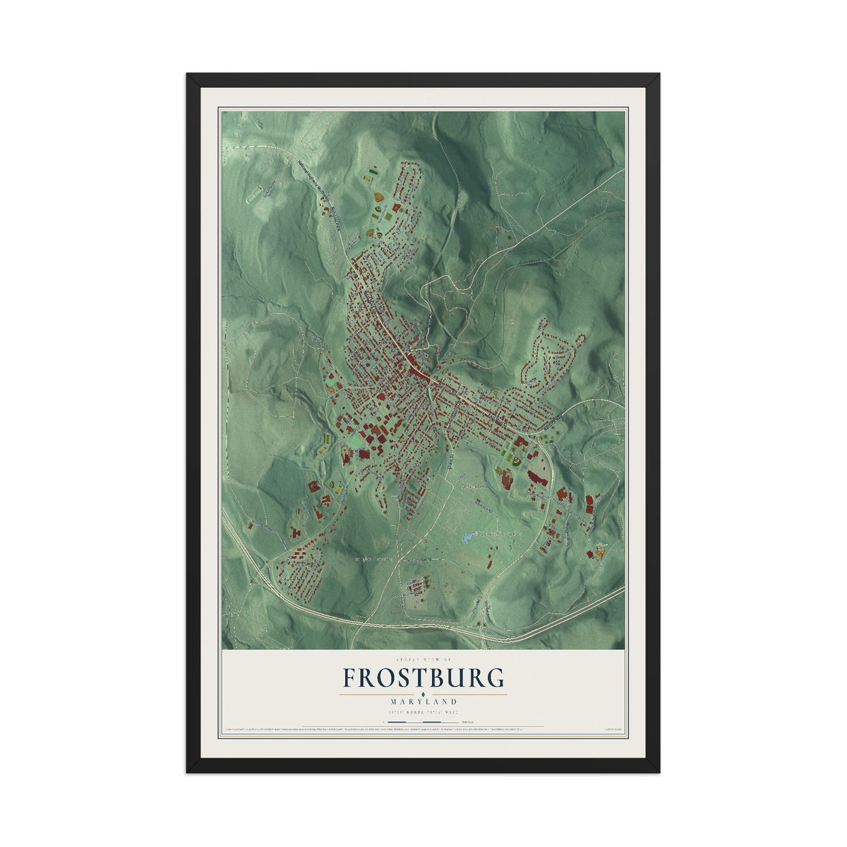 Map of Frostburg, Maryland, 12 x 18 inch print in a black wood frame