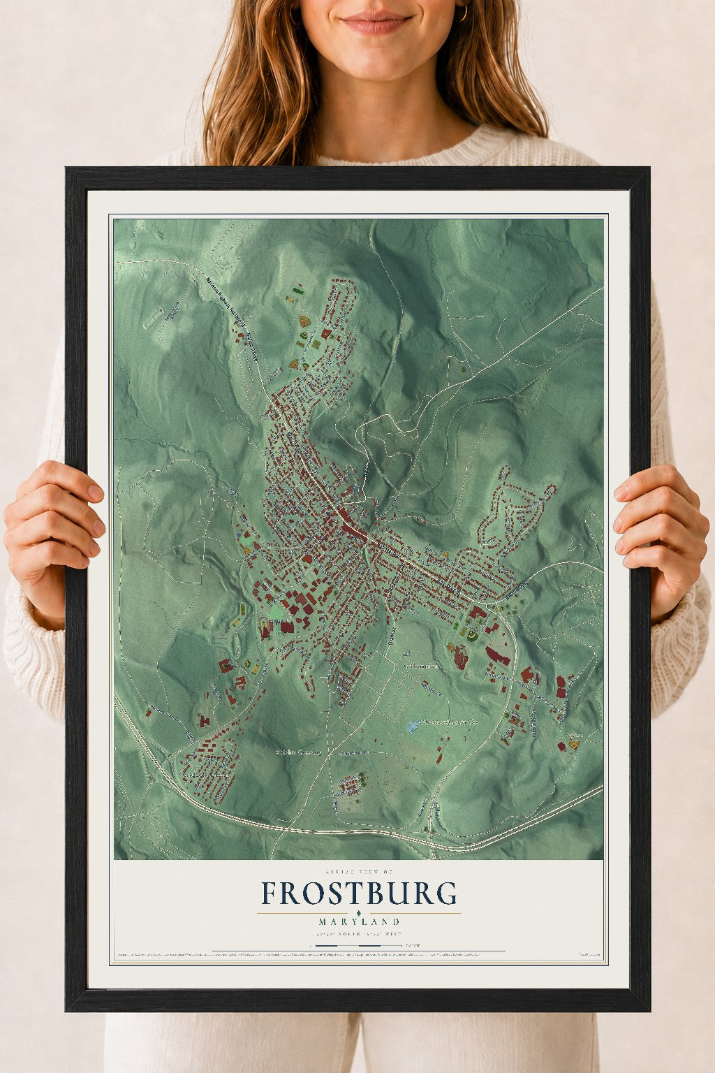 Map of Frostburg, Maryland, 18 x 24 inch print in a black wood frame