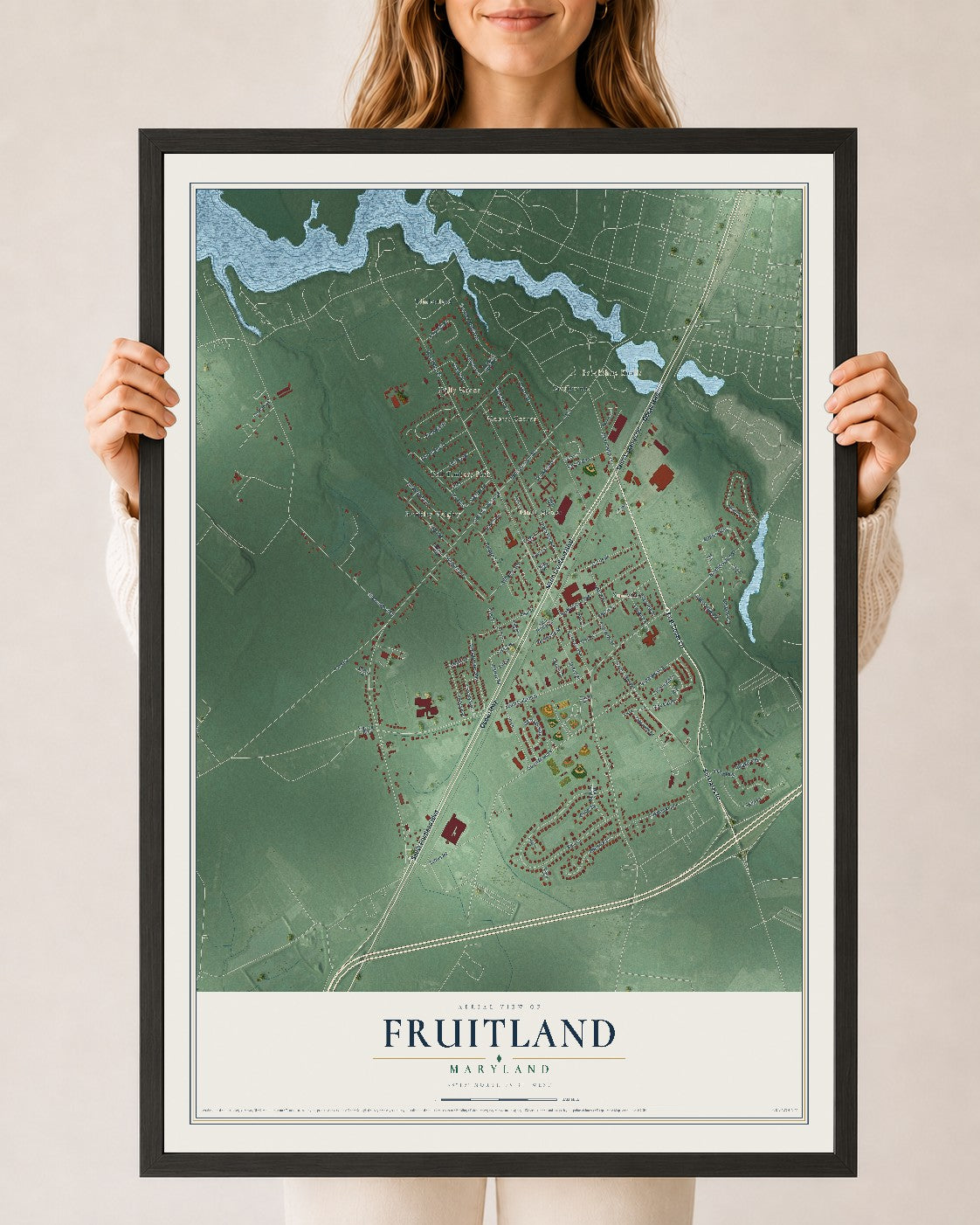 Map of Fruitland, Maryland, 24 x 36 inch print in a black wood frame