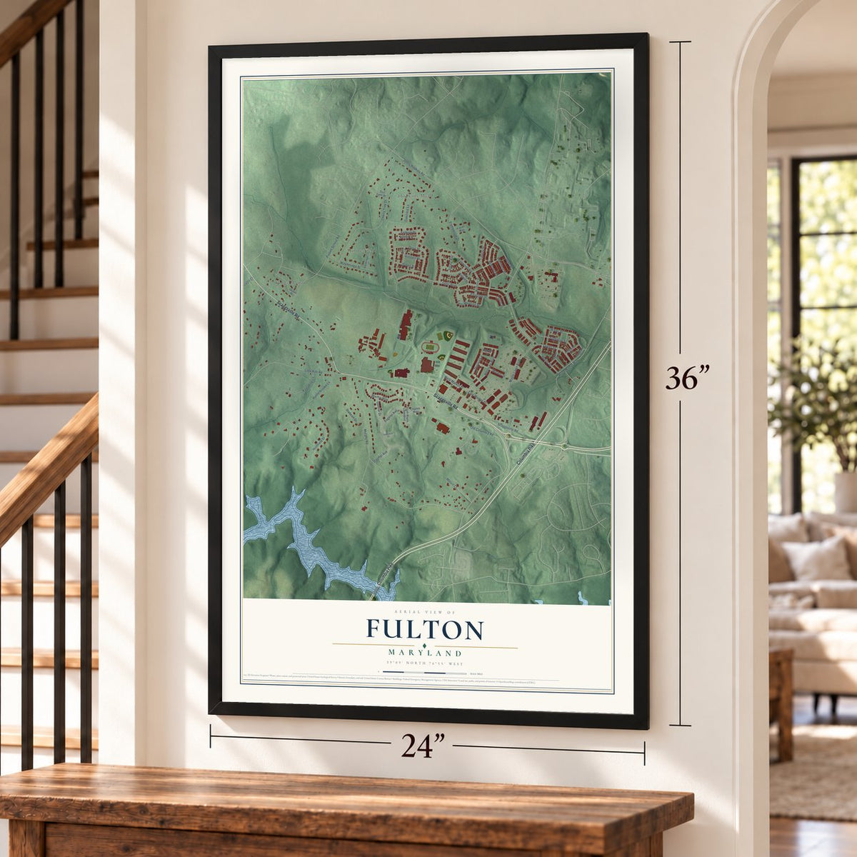 Fulton, Maryland map, 24 x 36 inch print in a black frame by a staircase
