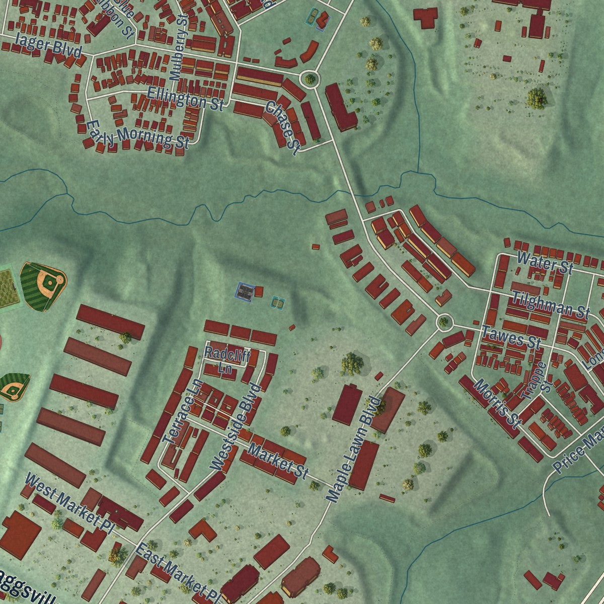 Close-up of the map of Fulton, Maryland print showing street and building detail