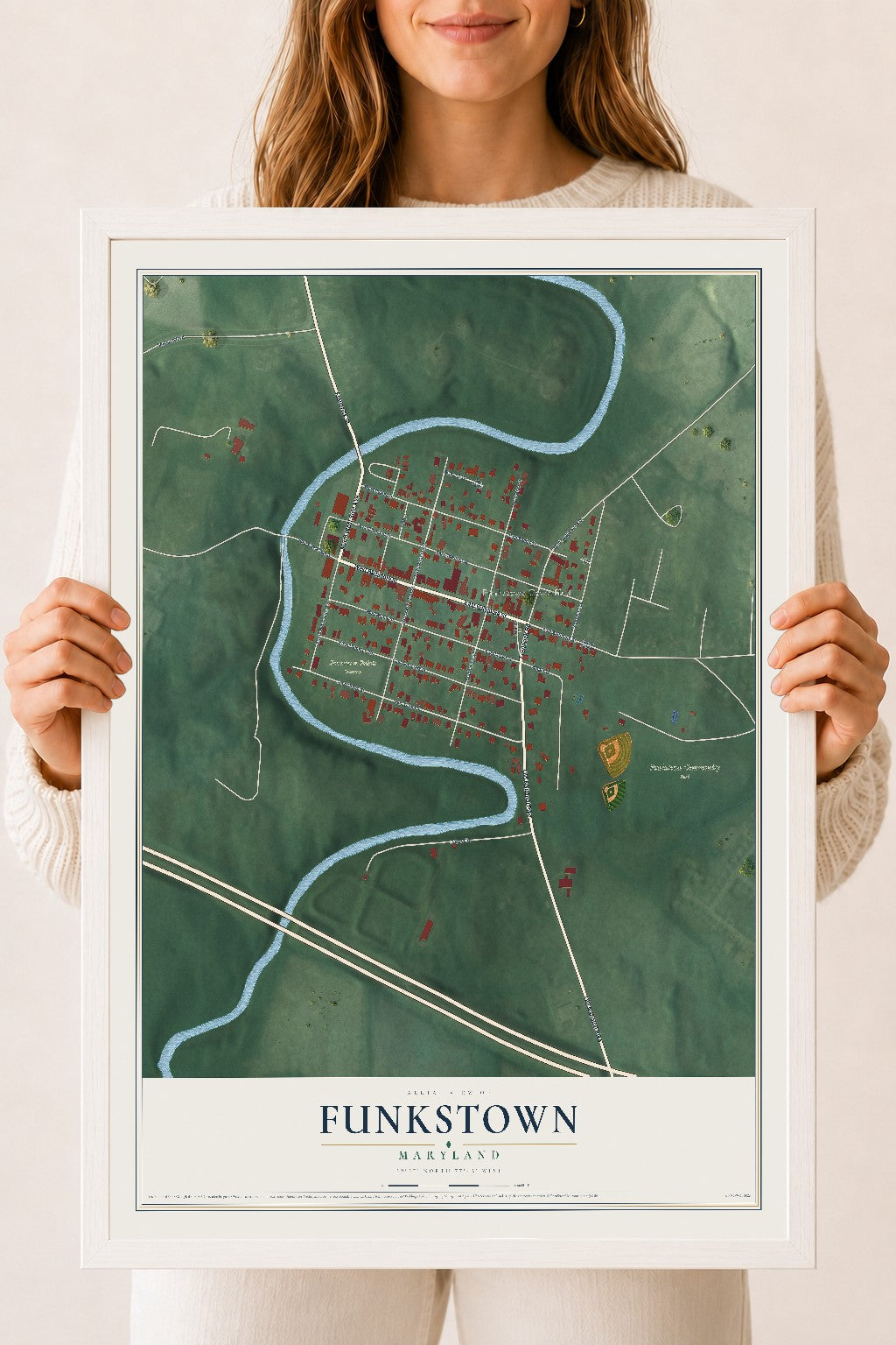 Map of Funkstown, Maryland, 18 x 24 inch print in a white wood frame