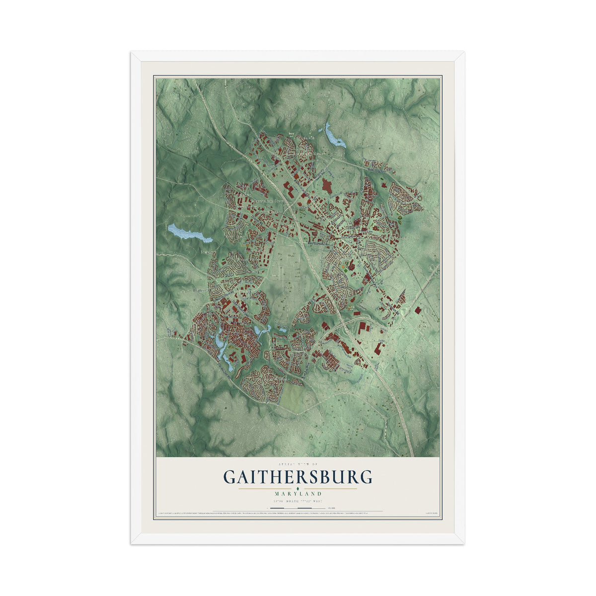 Map of Gaithersburg, Maryland, 12 x 18 inch print in a white wood frame