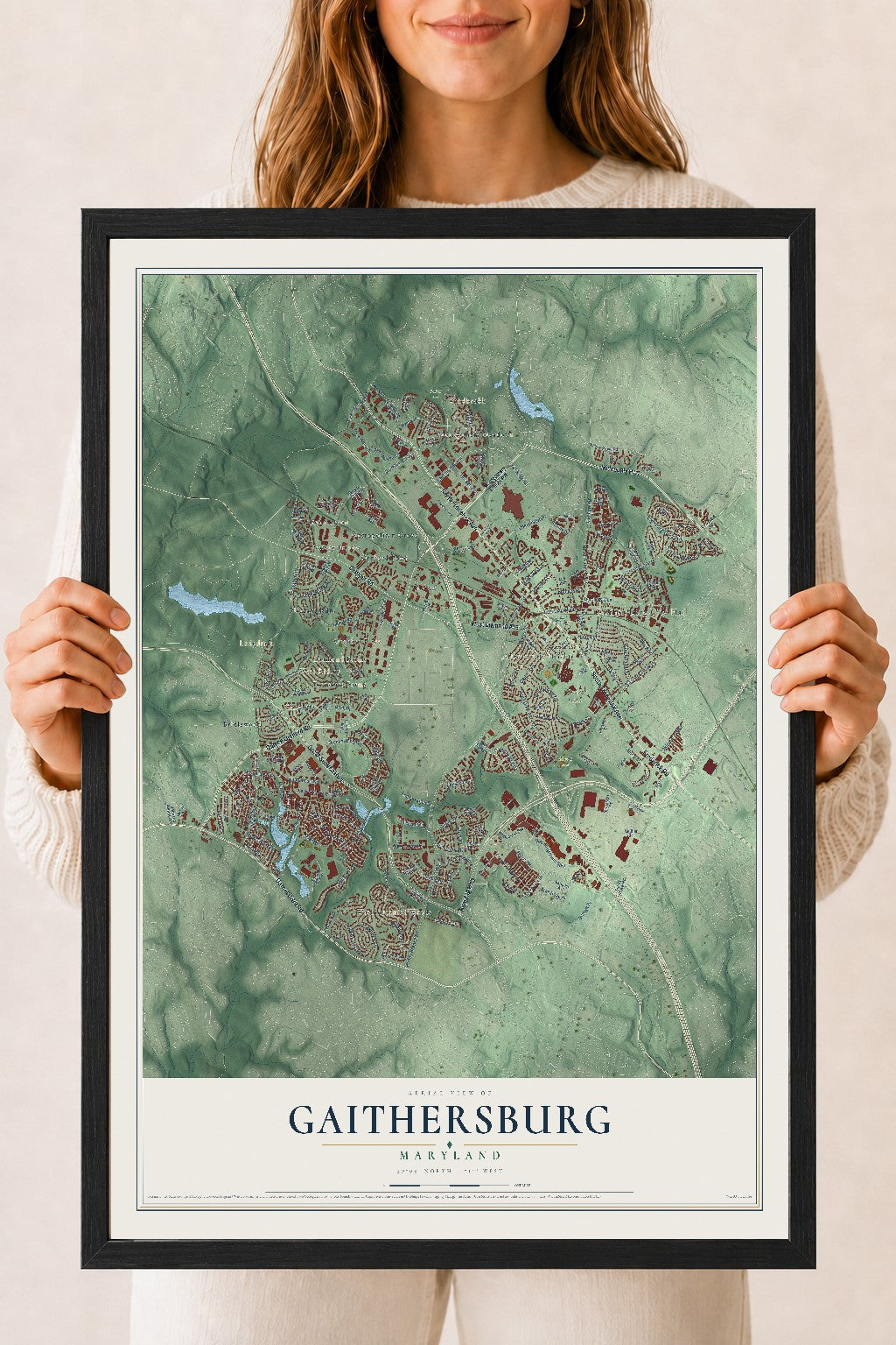 Map of Gaithersburg, Maryland, 18 x 24 inch print in a black wood frame