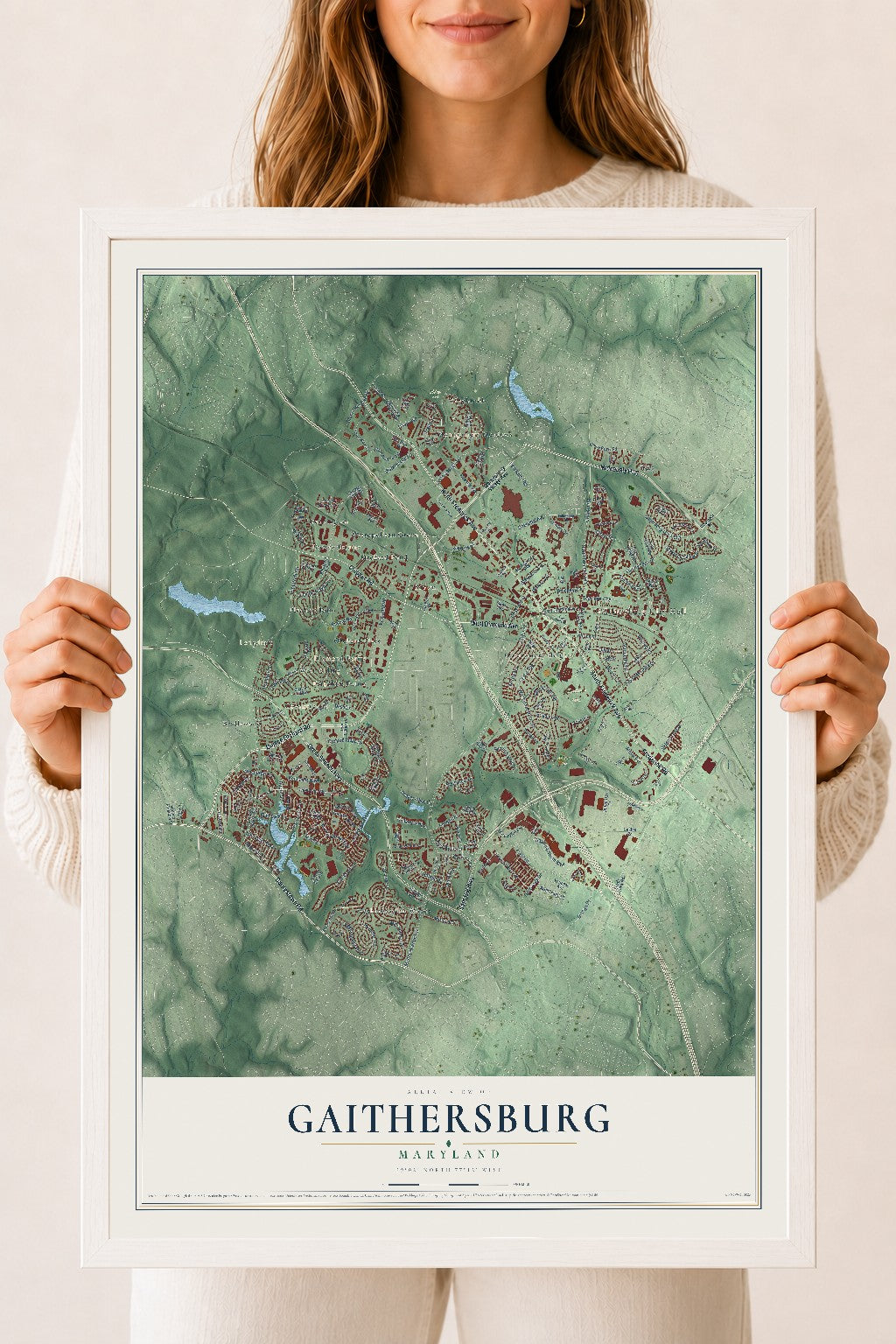Map of Gaithersburg, Maryland, 18 x 24 inch print in a white wood frame