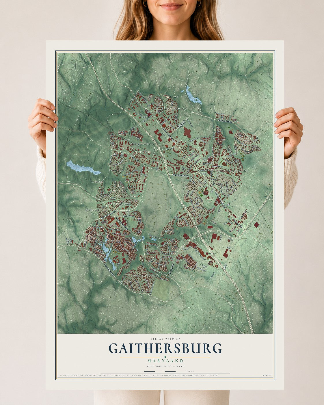 Map of Gaithersburg, Maryland, 24 x 36 inch unframed archival matte print