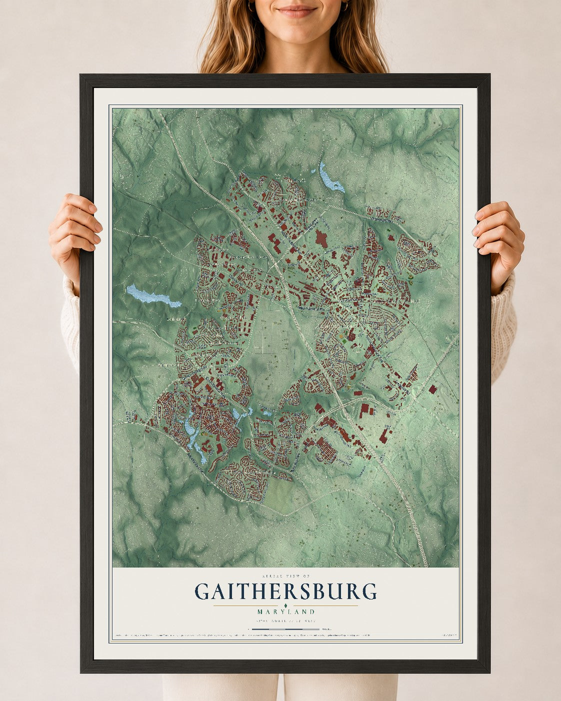 Map of Gaithersburg, Maryland, 24 x 36 inch print in a black wood frame