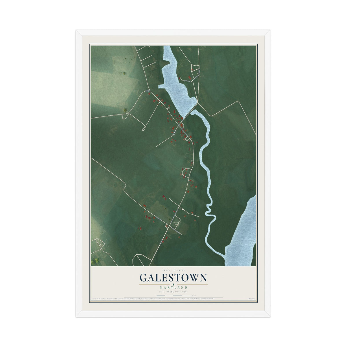 Map of Galestown, Maryland, 12 x 18 inch print in a white wood frame