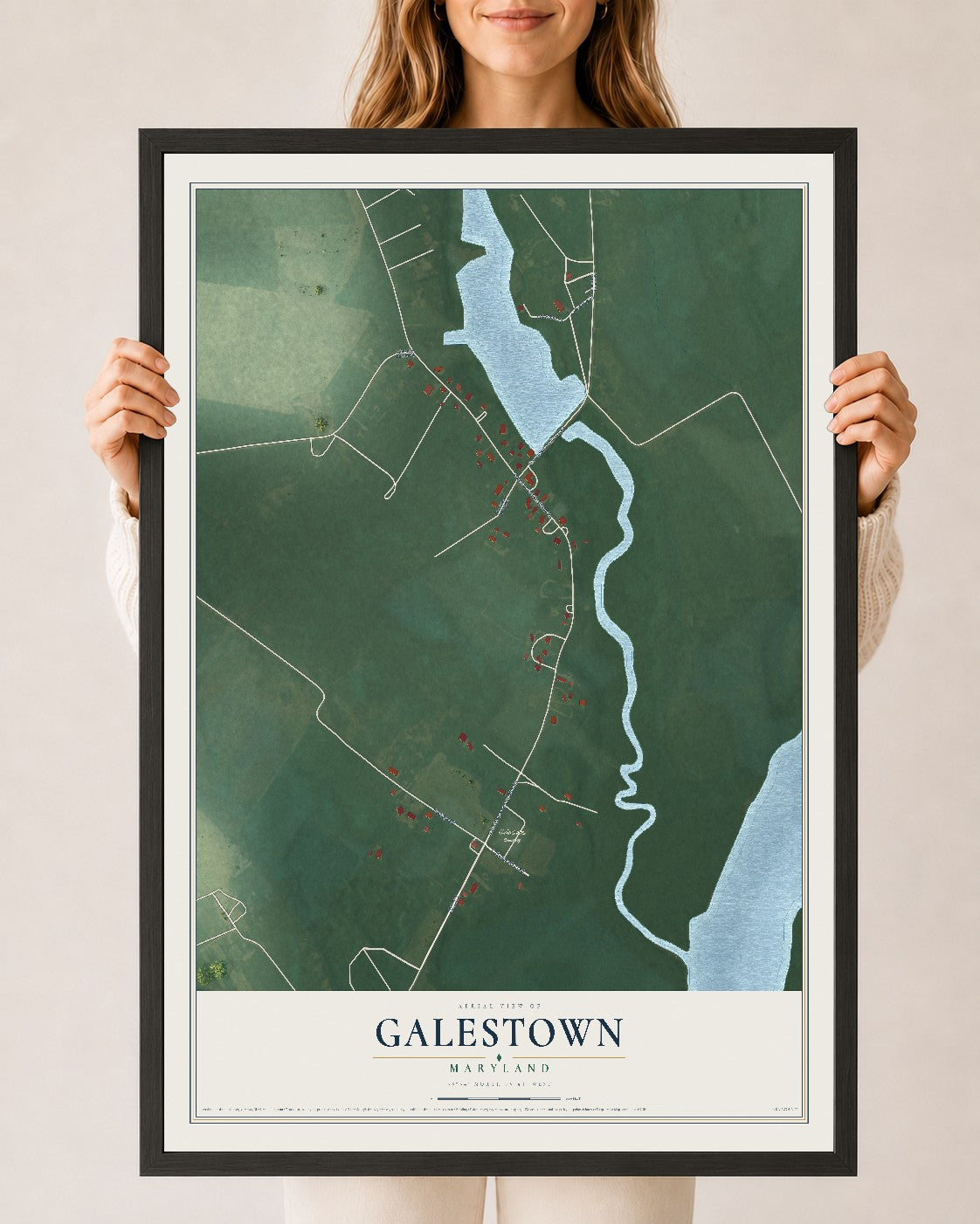 Map of Galestown, Maryland, 24 x 36 inch print in a black wood frame