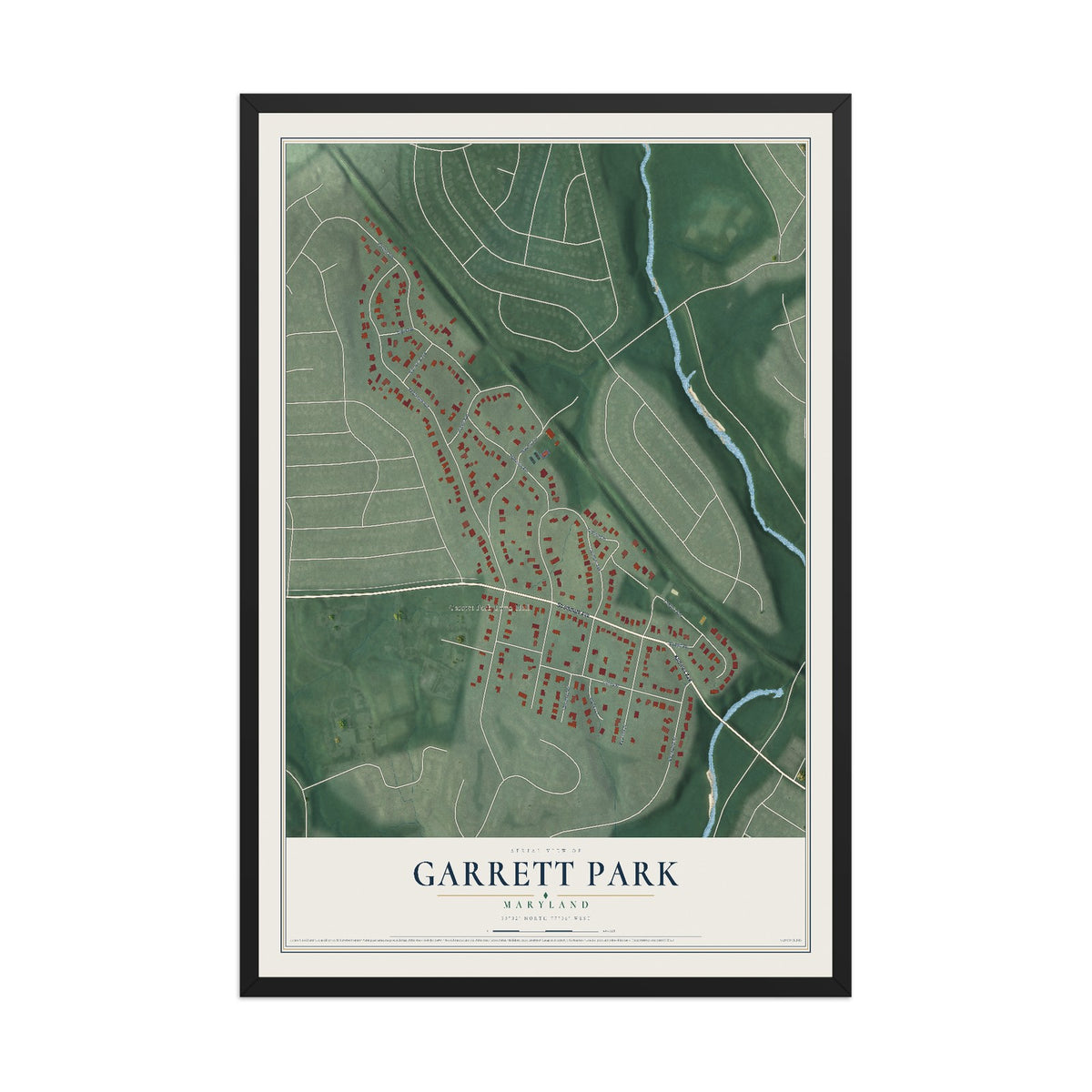 Map of Garrett Park, Maryland, 12 x 18 inch print in a black wood frame