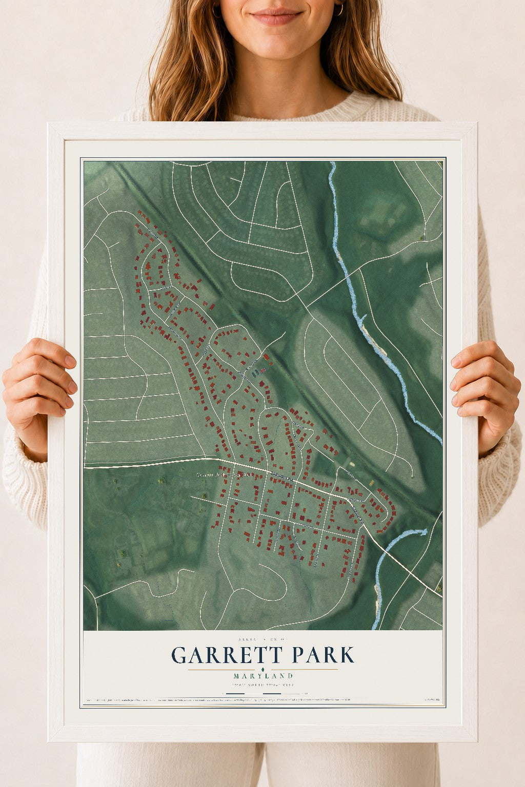 Map of Garrett Park, Maryland, 18 x 24 inch print in a white wood frame