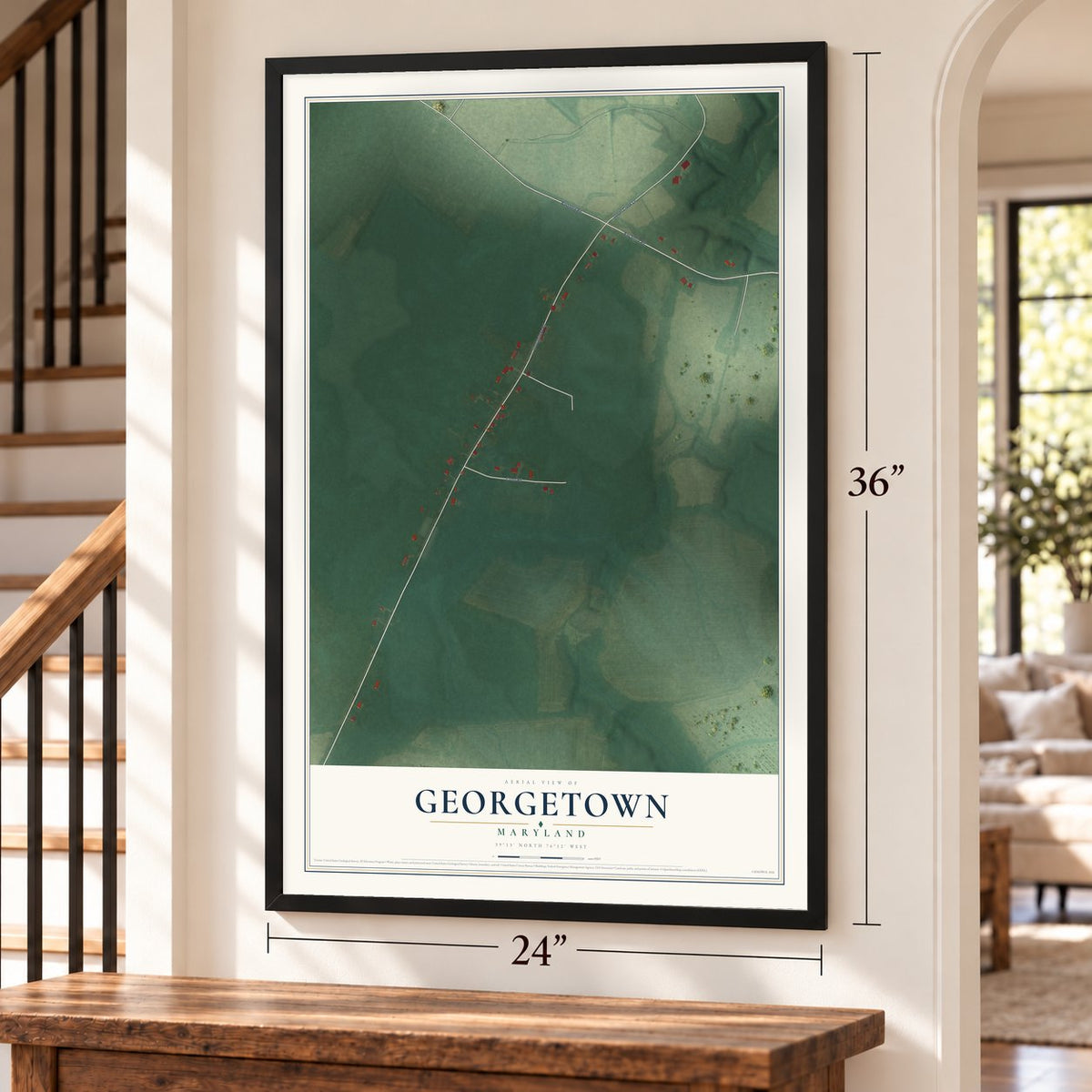Georgetown, Maryland map, 24 x 36 inch print in a black frame by a staircase