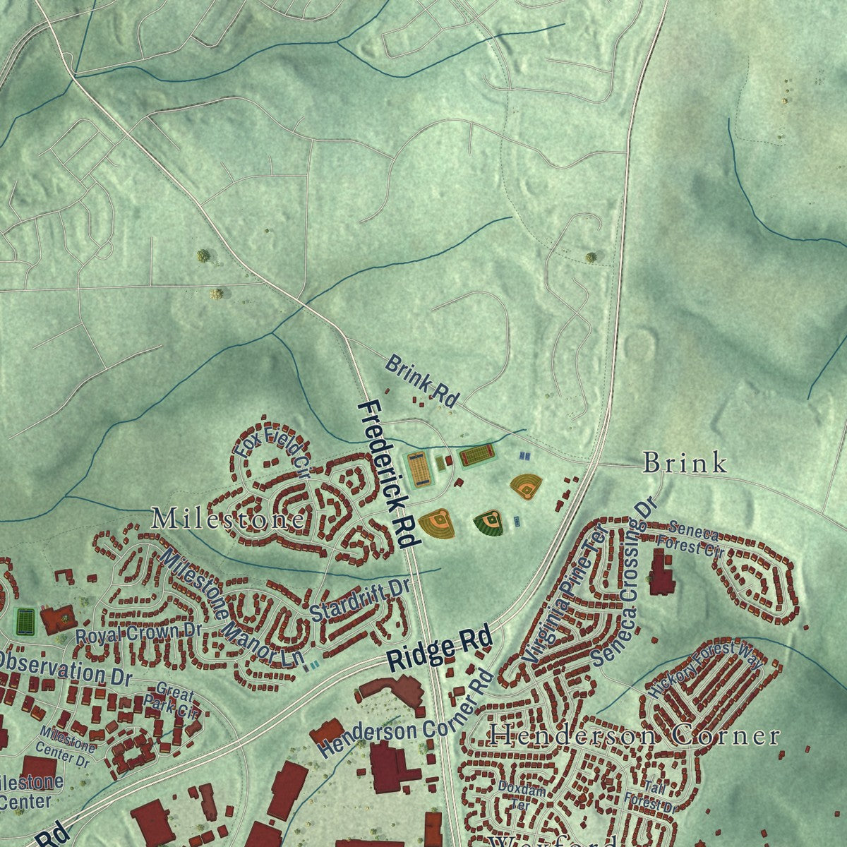 Second close-up of the map of Germantown, Maryland print showing more streets and buildings
