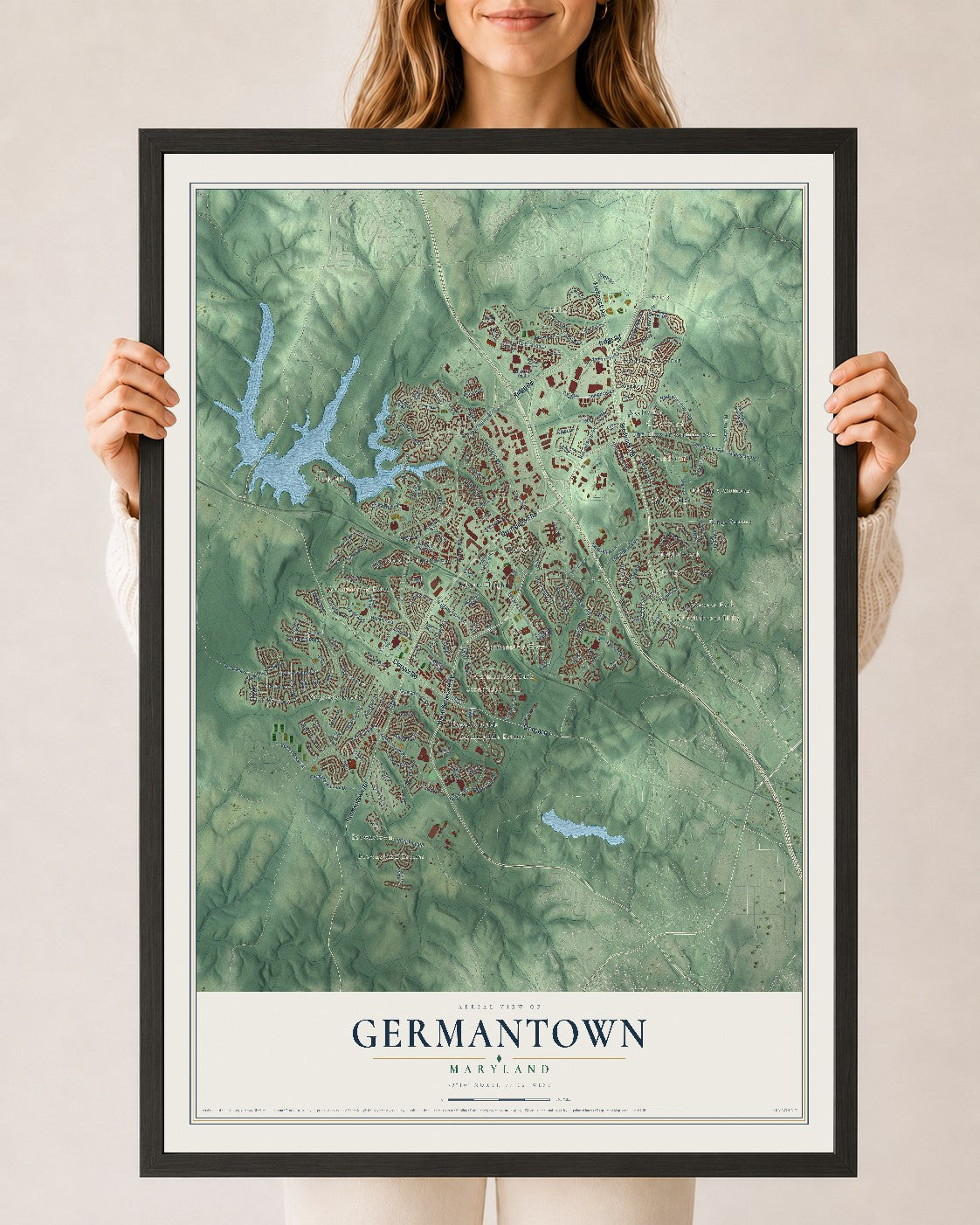 Map of Germantown, Maryland, 24 x 36 inch print in a black wood frame